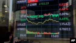 北京一家股票交易所的电子屏幕正在显示上证指数当日的走势图表。（2024年2月5日）