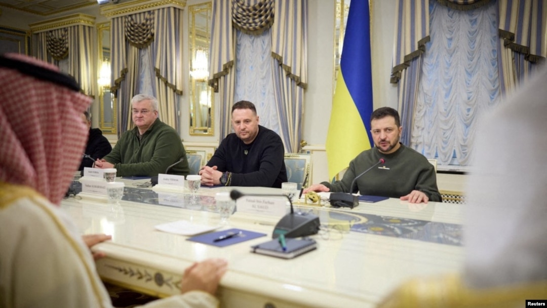 FILE - Ukraine's President Volodymyr Zelenskyy, right, attends a meeting with Foreign Minister of the Kingdom of Saudi Arabia Prince Faisal bin Farhan al-Saud in Kyiv, Feb. 26, 2023. (Ukrainian Presidential Press Service/Handout via Reuters)