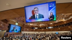 世界卫生组织总干事谭德塞（Tedros Adhanom Ghebreyesus）在日内瓦举行的每年一度的世界卫生大会上讲话。（2023年5月21日）
