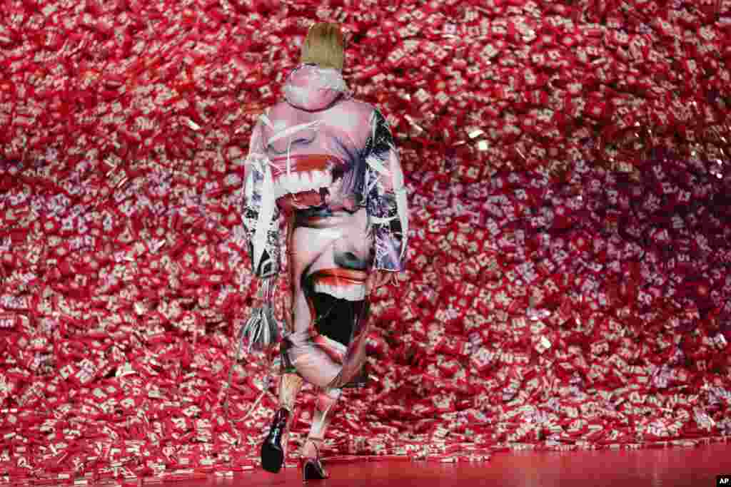 A model wears a creation as part of the Diesel women's Fall-Winter 2023-24 collection presented in Milan, Italy, Feb. 22, 2023.