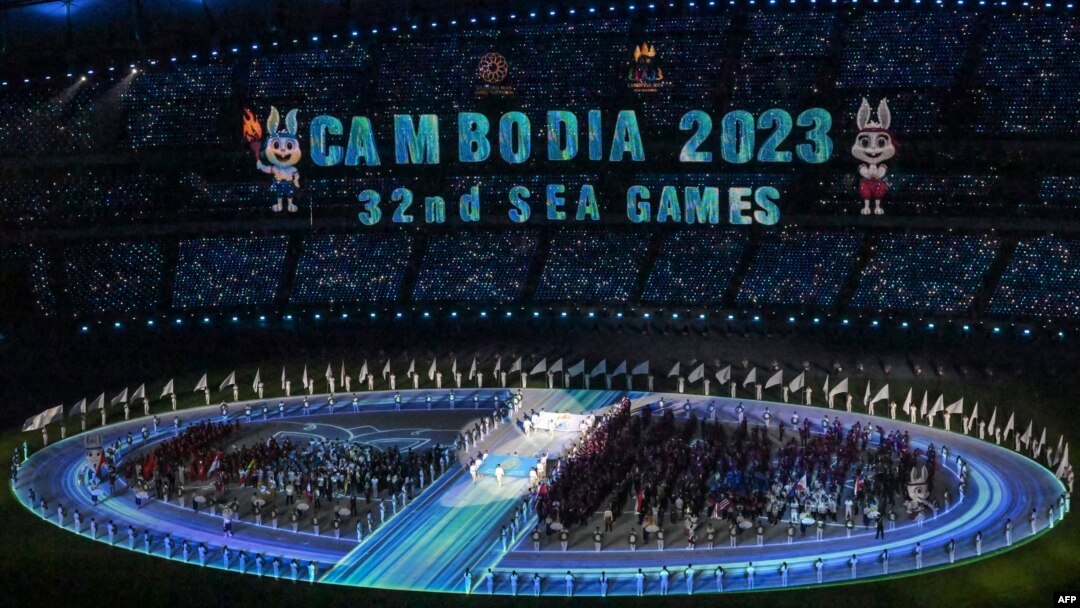 Delegations take part in the parade during the opening ceremony of the 32nd Southeast Asian Games at the Morodok Techo National Stadium in Phnom Penh, Cambodia, on May 5, 2023.