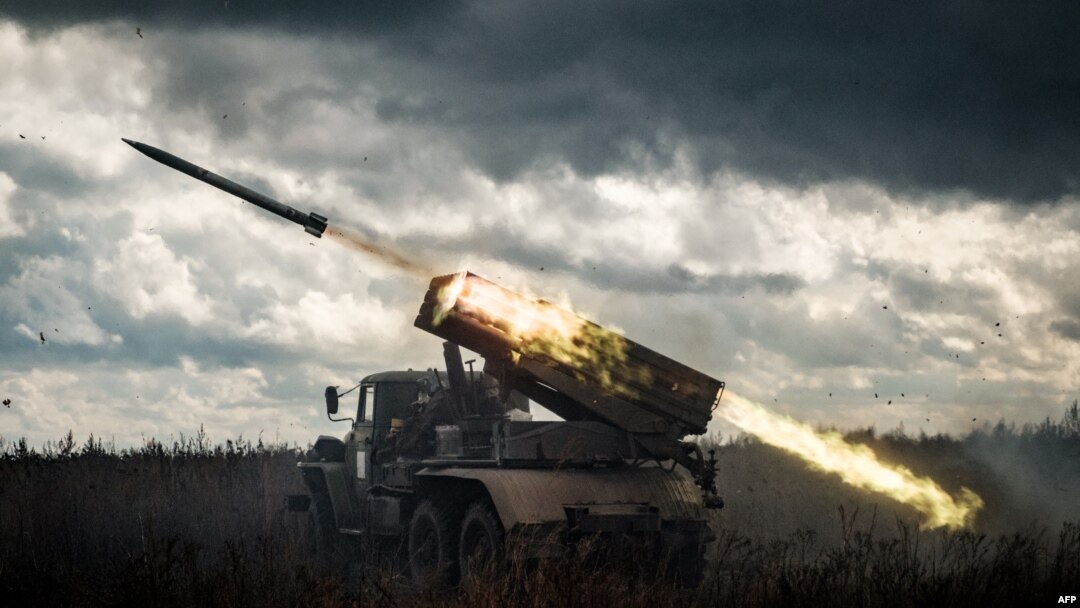 A BM-21 Grad multiple rocket launcher fires at Russian positions in Kharkiv region, Ukraine.