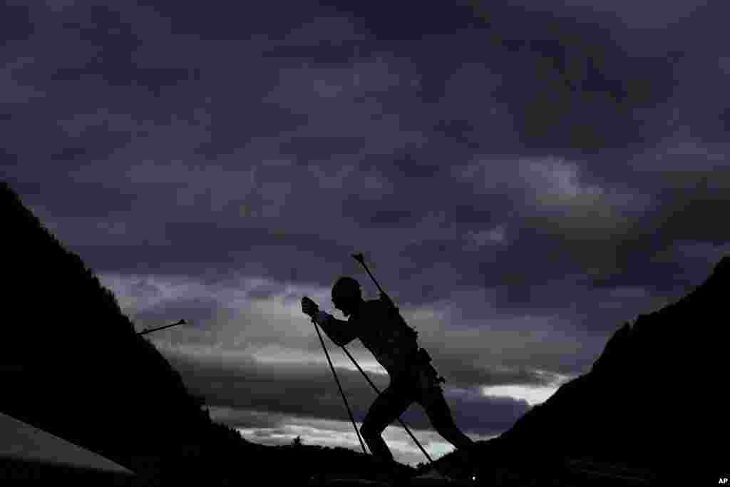 Jakov Fak of Slovenia competes during the men's 4x7.5km relay at the Biathlon World Cup race in Ruhpolding, Germany.