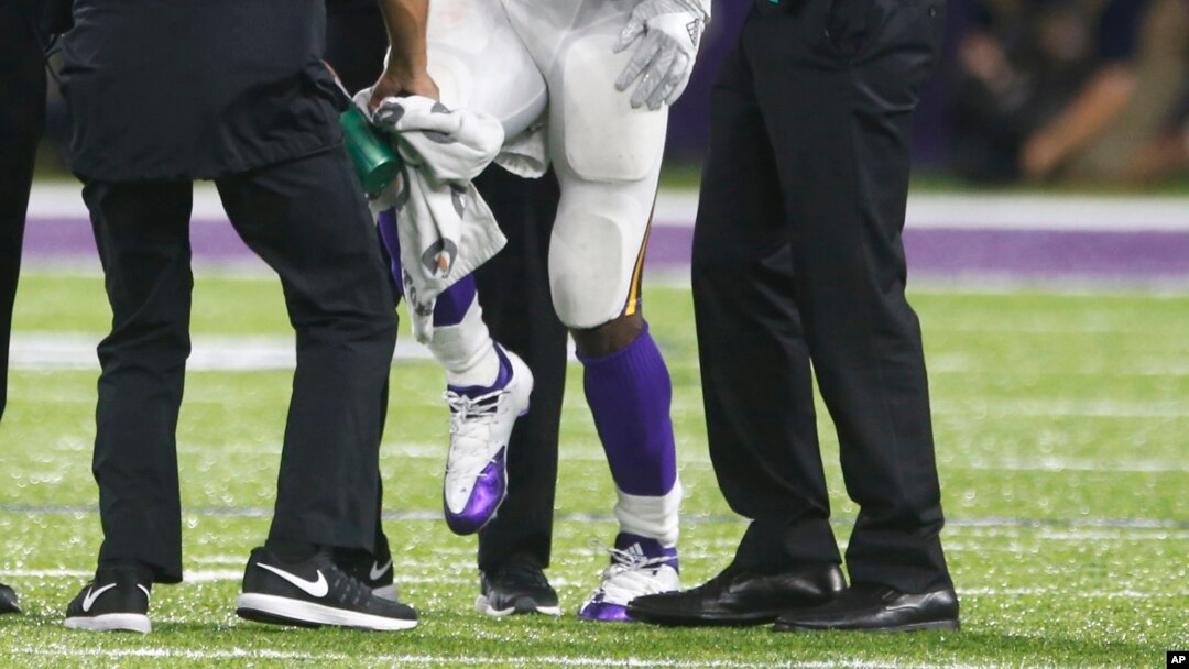 Minnesota Vikings running back Adrian Peterson (28) is helped off the field after getting injured during an NFL football game against the Green Bay Packers, Sept. 18, 2016.