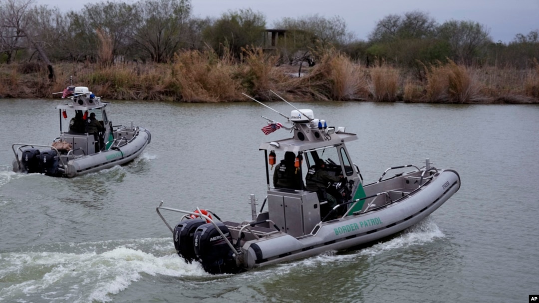 Border Patrol agents cruise along the Rio Grande at the U.S.-Mexico border, Feb. 13, 2025, in McAllen, Texas.