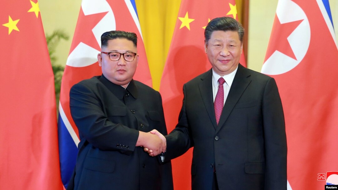 中國領導人習近平在北京接見到訪的北韓領導人金正恩。 （2018年6月20日）