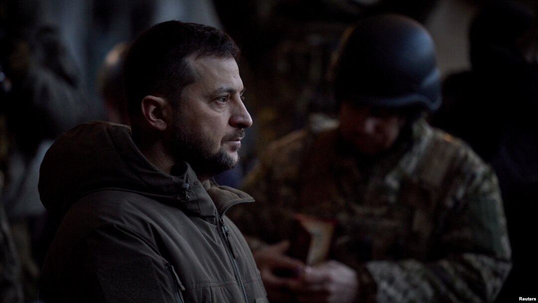 Ukraine's President Volodymyr Zelenskyy visits Ukrainian service members at their position in the frontline town of Bakhmut, amid Russia's attack on Ukraine, in Donetsk region, Ukraine Dec. 20, 2022. 