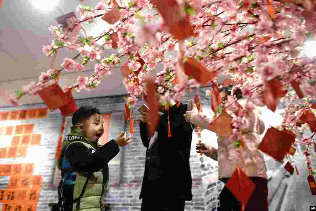 2018年2月10日，中国上海举办的农历新年庆祝活动中，一位男孩在祈祷树下玩耍。