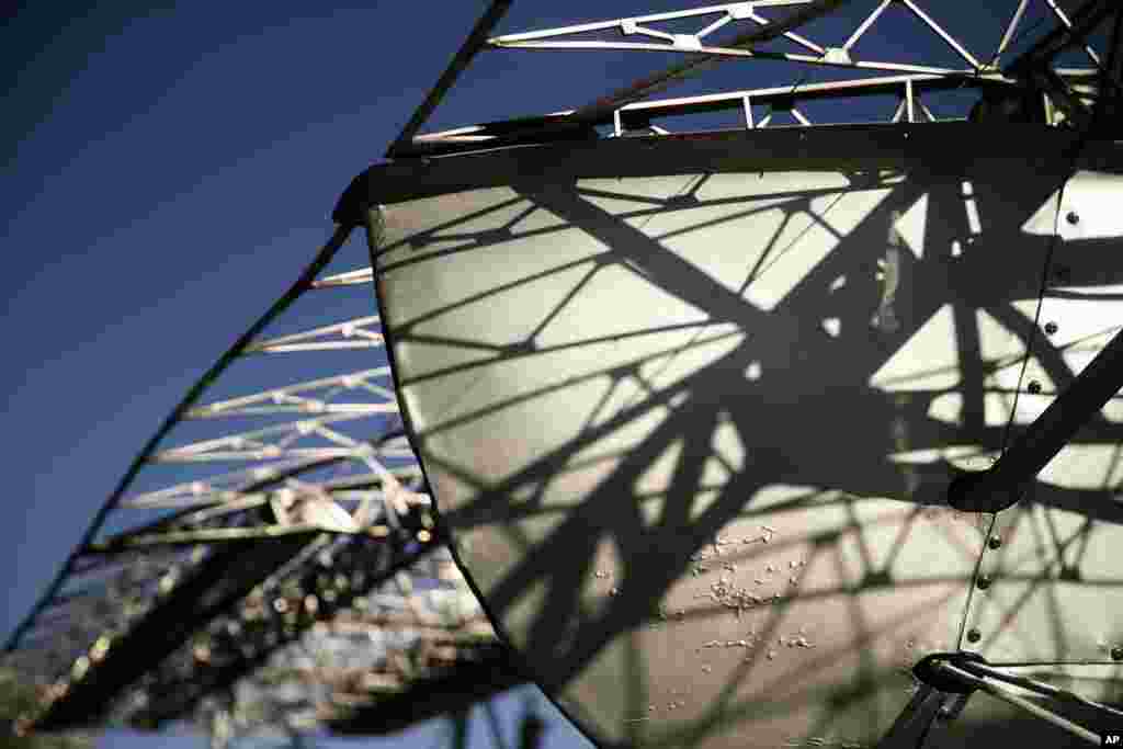 The frame of the historic Budd BB1 Pioneer aircraft is seen before it is returned to its perch in front of the Franklin Institute after a yearlong restoration, in Philadelphia, Pennsylvania. The 1930 all-welded stainless-steel airplane flew demonstrations throughout the U.S. and Europe until it was presented to the Institute in 1935 for exhibition.