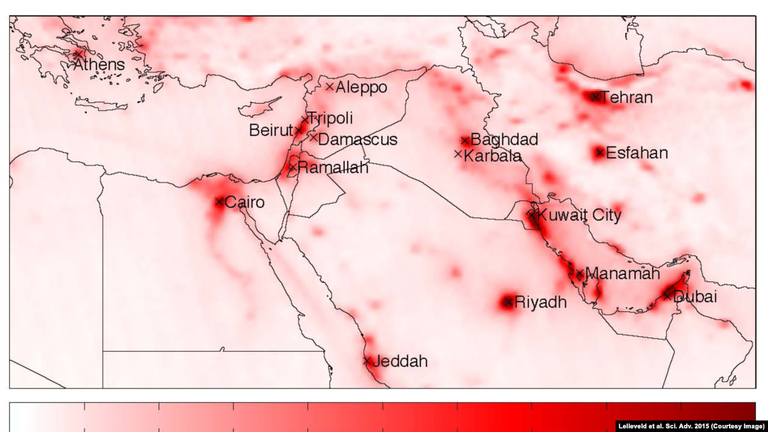 This graphic shows areas of greatest nitrogen dioxide pollution over Middle East cities, averaged over the period 2005 to 2014, as monitored from space. NO2 is associated with increased economic and industrial activity, and the satellite reading shows a dramatic drop in pollution after 2010. 
