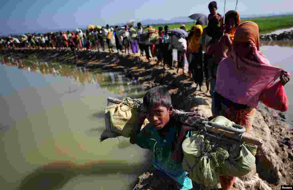 Rohingya refugees make their way to a refugee camp after crossing the Bangladesh-Myanmar border in Palong Khali, near Cox's Bazar, Bangladesh.