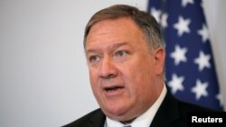 美国国务卿蓬佩奥在瑞士贝林佐纳与瑞士外长卡西斯联合举行记者会。(2019年6月2日)