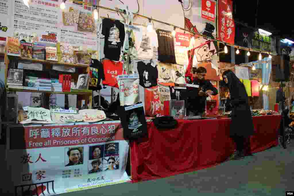 香港泛民及建制政党和团体在年宵花市摆摊宣传(美国之音海彦拍摄)