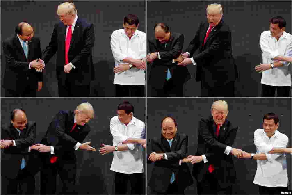 In a combination photo, U.S. President Donald Trump joins hands with Vietnam's Prime Minister Nguyen Xuan Phuc and President of the Philippines Rodrigo Duterte, for the traditional "ASEAN handshake" at the 31st ASEAN Summit in Manila, Philippines.