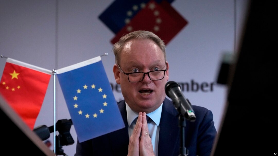 President of the European Union Chamber of Commerce in China Jens Eskelund gestures as he speaks during a press conference for the annual European Business in China Position Paper, in Beijing, Sept. 11, 2024. 
