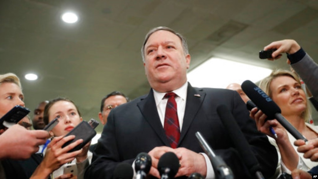  Secretary of State Mike Pompeo speaks to members of the media after a closed door meeting with Senators about Saudi Arabia at the Capitol in Washington, Nov. 28, 2018. 
