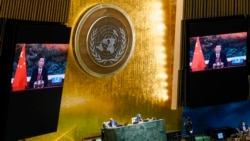 中国领导人习近平在联合国大会上讲话（美联社2021年9月21日）
