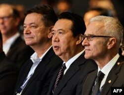 国际刑警组织主席孟宏伟（右起第二人）和国际刑警组织秘书长卓尔金·斯多克（右）2017年7月4日出席新加坡国际刑警组织世界大会开幕式。