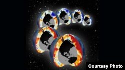 Temperature changes in the Pacific in Atlantic oceans between 1955 and 2011 with each globe representing a decade. Red indicates a warming ocean, white no change, and blue cooling with respect to a 1957-1990 average. (NODC/WOD/Timo Bremer)