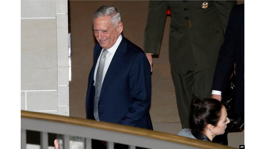 Defense Secretary Jim Mattis leaves a closed door meeting that he attended with Secretary of State Mike Pompeo and Senators about Saudi Arabia, Nov. 28, 2018, on Capitol Hill in Washington.