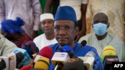Waziri mkuu wa mpito wa Mali Choguel Maiga, alipozungumza na waandishi mjini Bamako, Mail, May 28 2021.