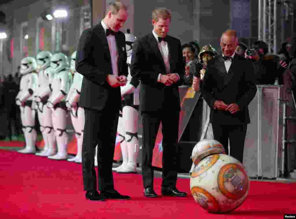 Britain's Prince William and Prince Harry, arrive for the European Premiere of 'Star Wars: The Last Jedi', at the Royal Albert Hall in central London, Dec. 12, 2017.