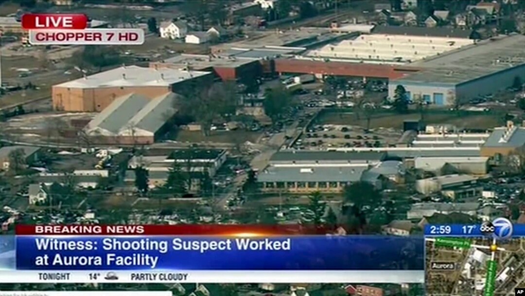 This image from video provided by ABC 7 Chicago shows the industrial park in Aurora, Ill., where officials say a gunman opened fire at the Henry Pratt Co. building, Feb. 15, 2019.